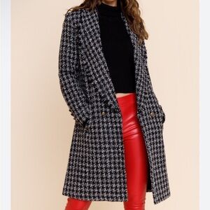 Francesca’s Alya houndstooth/tweed long coat, black & white w/ gold buttons